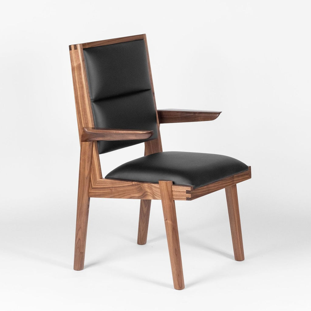 Franklin midcentury modern walnut wood black leather chair handcrafted by Hunt & Noyer in Michigan