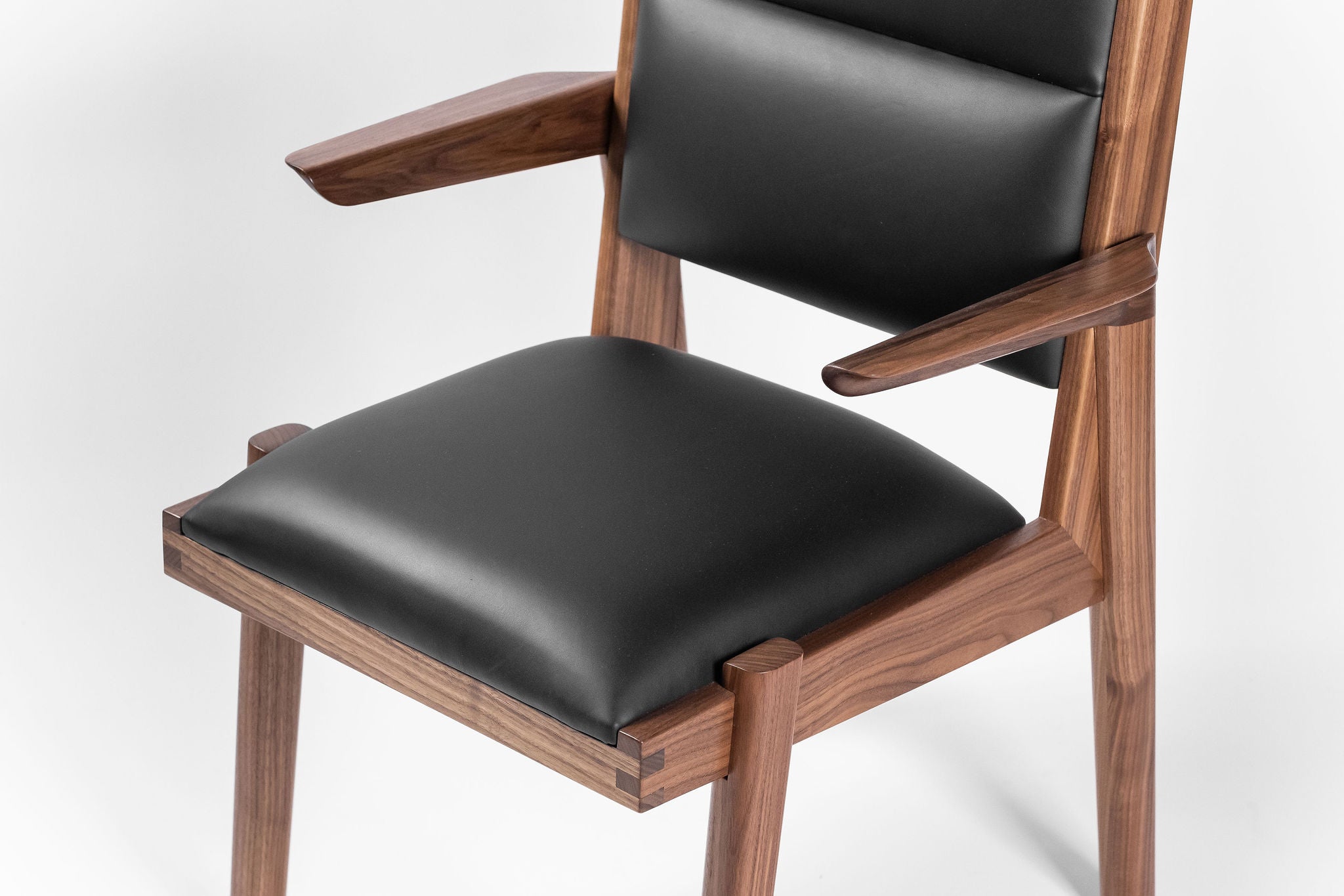 Franklin midcentury modern walnut wood black leather chair handcrafted by Hunt & Noyer in Michigan