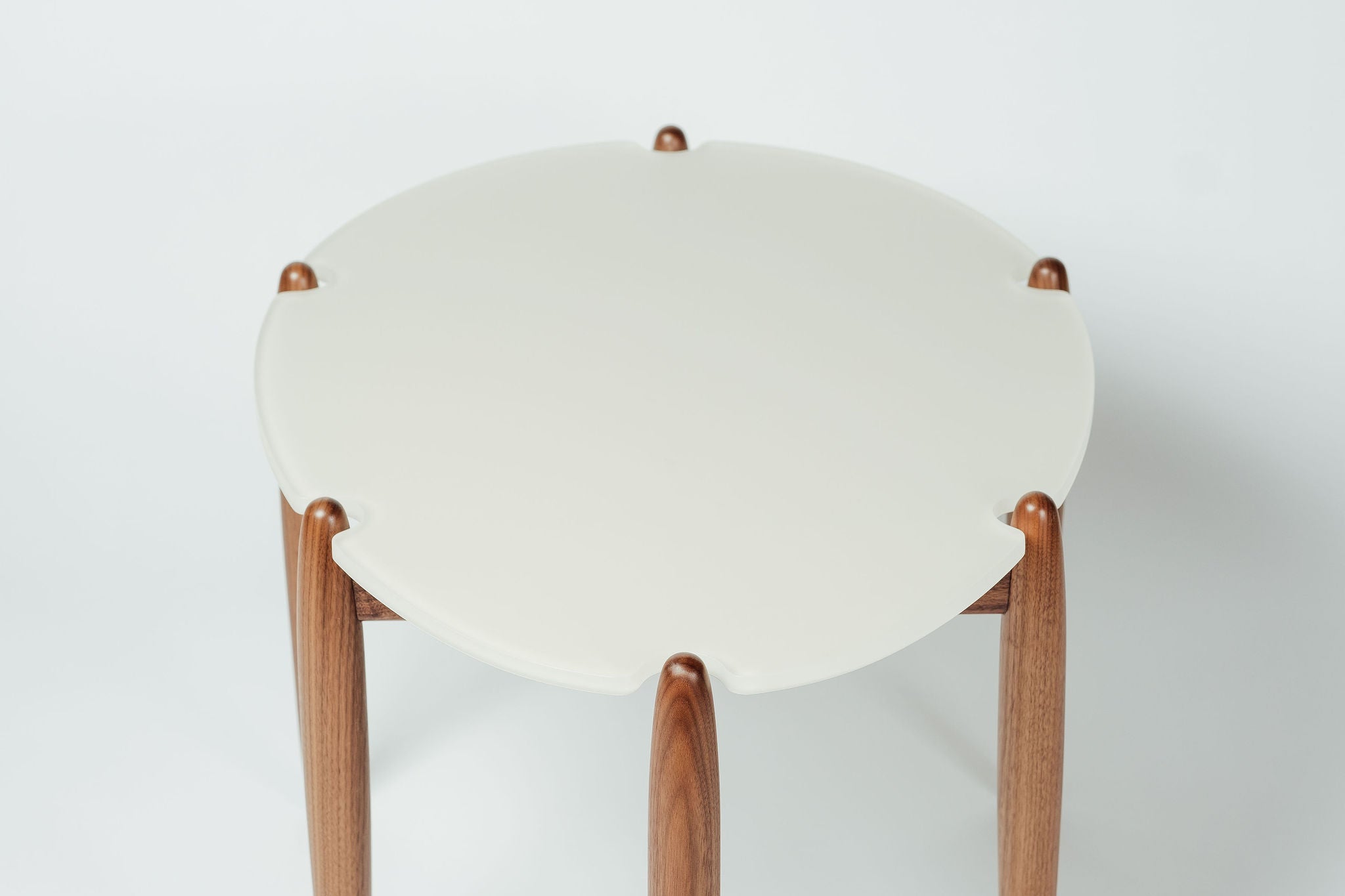 Ray midcentury modern walnut wood acrylic accent table handcrafted by Hunt & Noyer in Michigan
