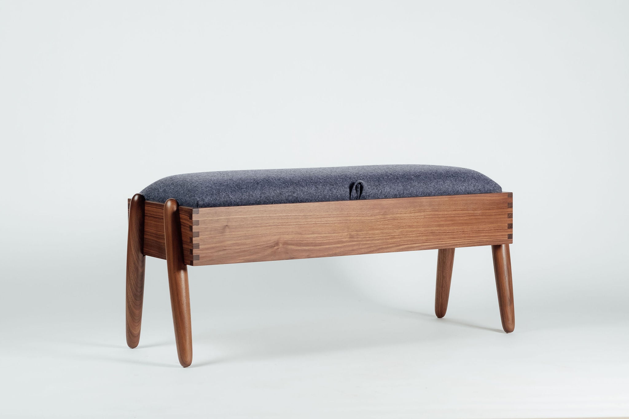 Solomon midcentury modern walnut upholstered storage bench handcrafted by Hunt & Noyer in Michigan
