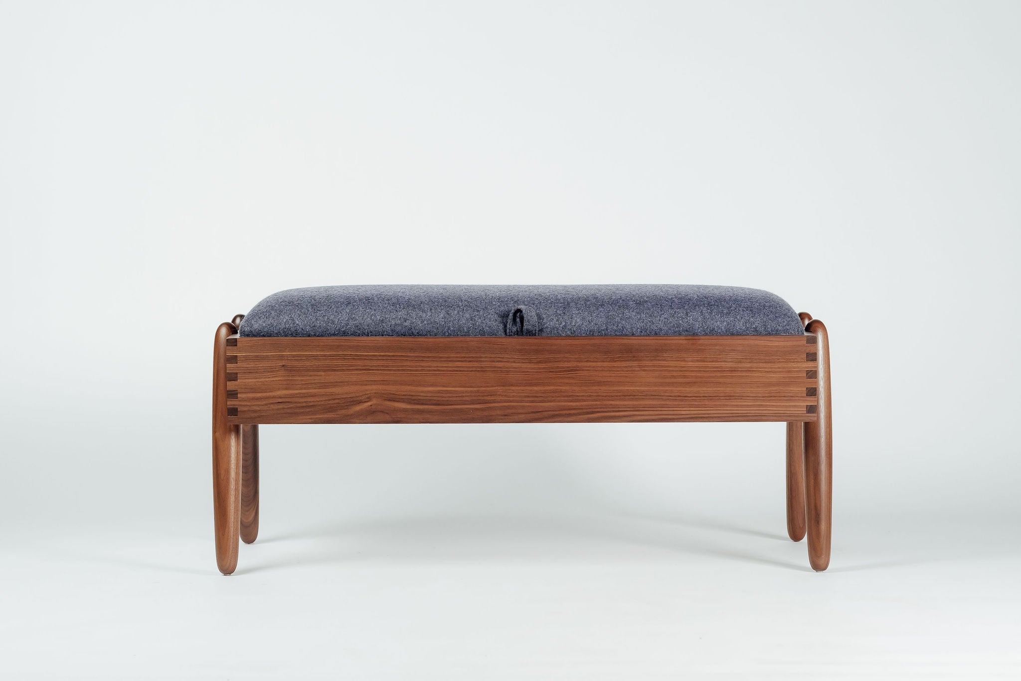 Solomon midcentury modern walnut upholstered storage bench handcrafted by Hunt & Noyer in Michigan