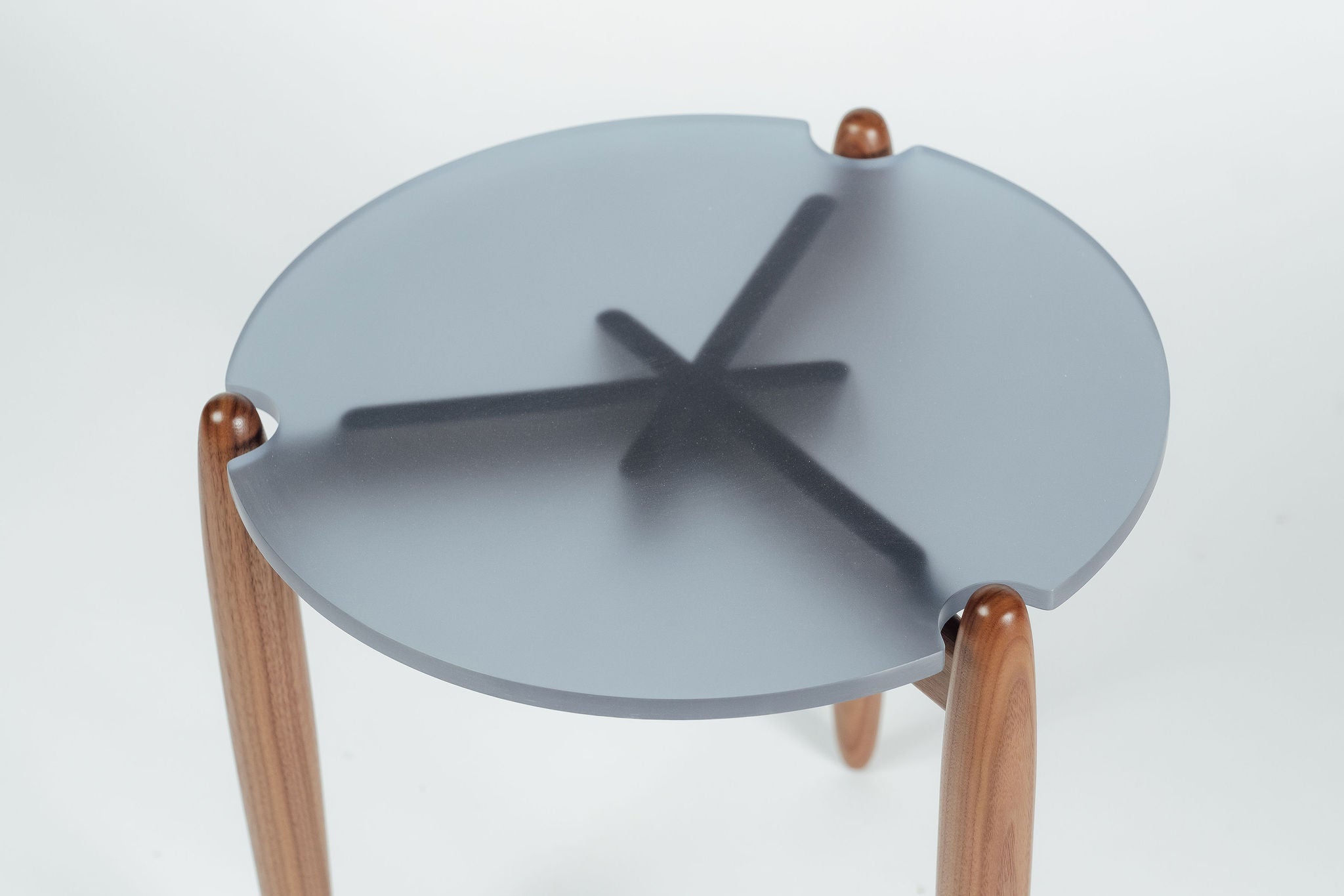 Ray midcentury modern walnut wood blue acrylic side table handcrafted by Hunt & Noyer in Michigan