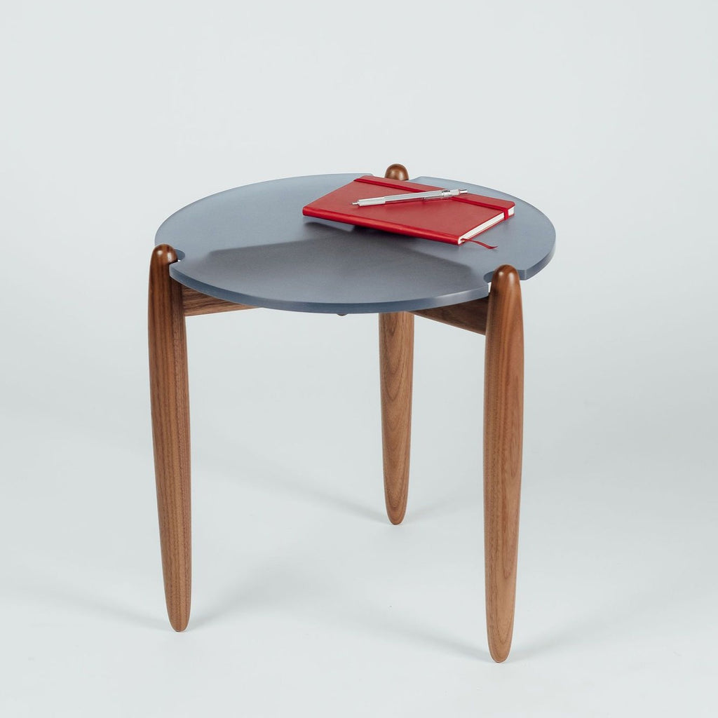 Ray midcentury modern walnut wood blue acrylic side table handcrafted by Hunt & Noyer in Michigan