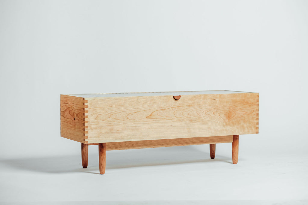 Haven midcentury modern cherry wood blanket chest handcrafted by Hunt & Noyer in Michigan